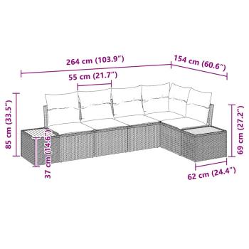 5-teiliges Garten-Sofa-Set mit Kissen Grau Poly-Rattan Akazie