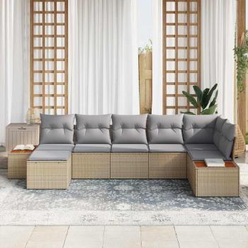 7-teiliges Garten Sofa Set mit Kissen Beige Poly Rattan Akazie