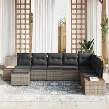 8-teiliges Garten Sofa Set mit Kissen Grau Poly Rattan Akazie