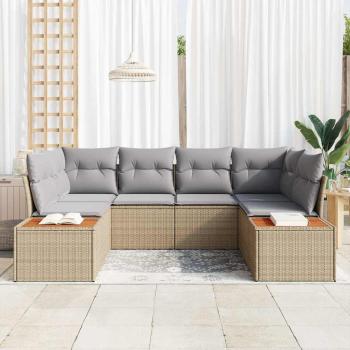 6-teiliges Garten Sofa Set mit Kissen Beige Poly Rattan Akazie