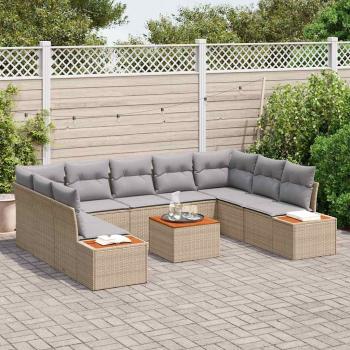 10-teiliges Garten Sofa Set mit Kissen Beige Poly Rattan Akazie