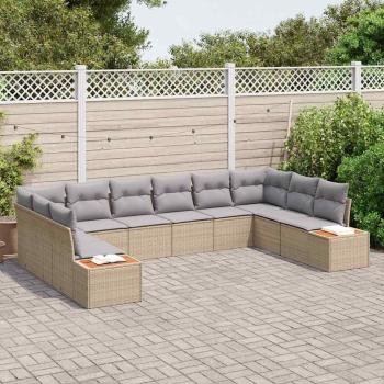10-teiliges Garten Sofa Set mit Kissen Beige Poly Rattan Akazie