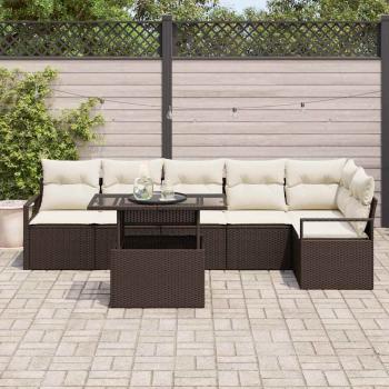 7-teiliges Garten-Sofa-Set mit Kissen Braun Poly Rattan, 2-Sitzer Garten-Sofa mit Kissen Braun Poly Rattan