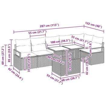 7-teiliges Garten-Sofa-Set mit Kissen Braun Poly Rattan, 2-Sitzer Garten-Sofa mit Kissen Braun Poly Rattan