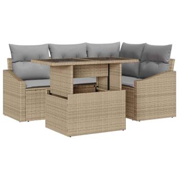 5 teiliges Garten Sofa Set mit Kissen beige Poly Rattan
