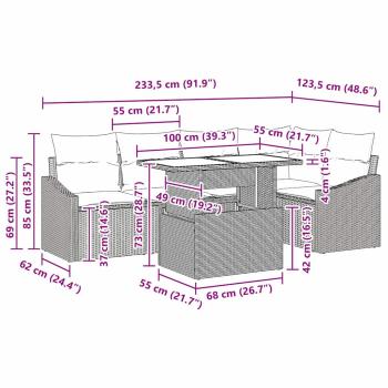 6-teiliges Garten Sofa Set mit Kissen Grau Poly Rattan