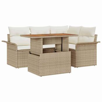 5-teilige Garten-Essgruppe mit Kissen Beige Poly Rattan Akazie