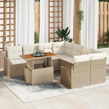 ARDEBO.de - 9-teiliges Garten Essset mit Kissen Beige Poly Rattan Akazie