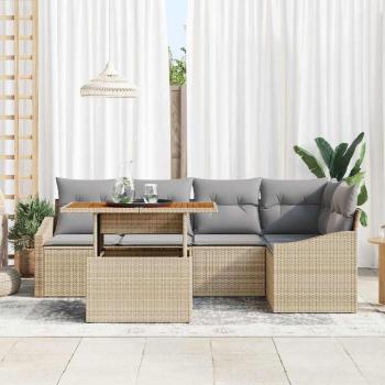 6-teiliges Garten Essgruppen-Set mit Kissen Beige Poly Rattan Akazie