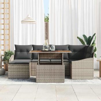 7-teiliges Garten Essset mit Kissen in Grau aus Poly Rattan Akazie