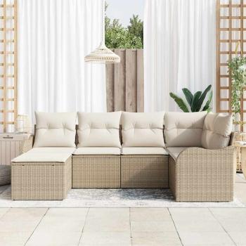 6-teiliges Garten Sofa Set mit Kissen Beige Poly Rattan, 2-Sitzer Garten Sofa mit Stauraum & Kissen Beige Poly Rattan