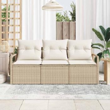 3-teiliges Garten Sofa Set mit Kissen Beige Poly Rattan, 2-Sitzer Garten Sofa mit Stauraum & Kissen Beige Poly Rattan