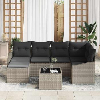 7-teiliges Garten Esszimmer Set mit Kissen Grau Poly Rattan
