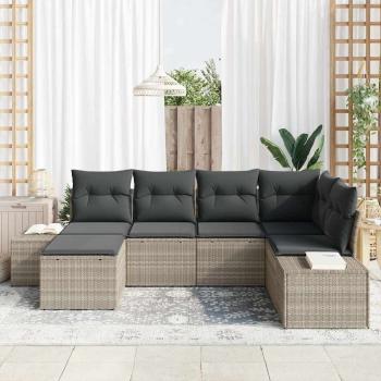 6-teilige Garten-Sofa-Garnitur mit Kissen Hellgrau Poly Rattan