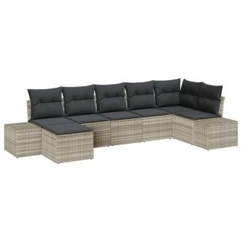7-teiliges Garten-Sofa-Set mit Kissen Hellgrau Poly Rattan