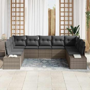 9-teiliges Garten Sofa Set mit Kissen Grau Poly Rattan