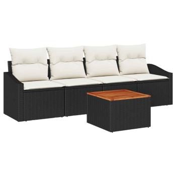 5-teiliges Garten Sofa Set mit Kissen in Schwarz Poly Rattan Akazie