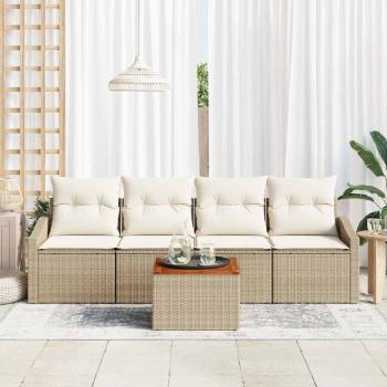 5-teiliges Garten Sofa Set mit Kissen Beige Poly-Rattan Akazie