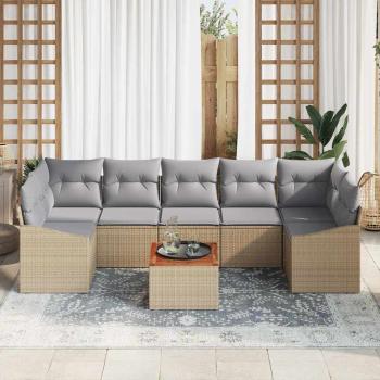 8-teiliges Garten Sofa Set mit Kissen Beige Poly Rattan Akazie