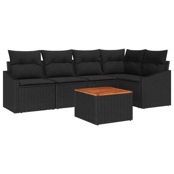 6-teiliges Garten Sofa Set mit Kissen Schwarz Poly Rattan Akazie