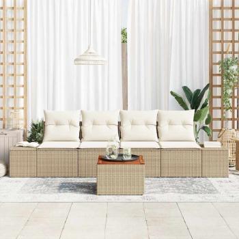 5-teiliges Garten-Sofa-Set mit Kissen Beige Poly Rattan Akazie