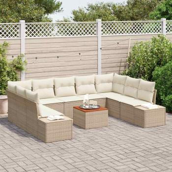 10-teiliges Garten Sofa Set mit Kissen Beige Poly Rattan Akazie