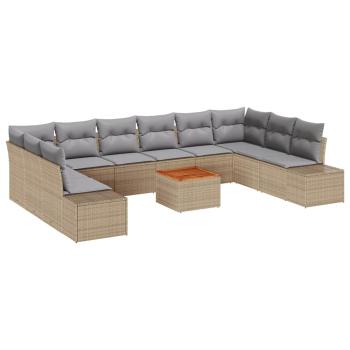 11-teilige Garten Sofa Set mit Kissen Beige Poly Rattan Akazie