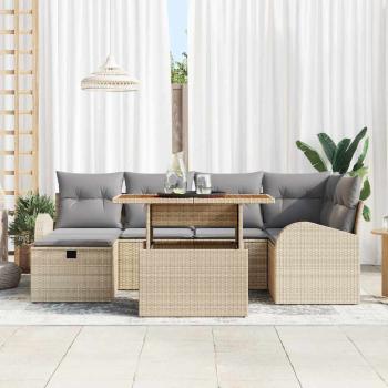 7-teiliges Garten Sofa Set mit Kissen Beige Poly Rattan