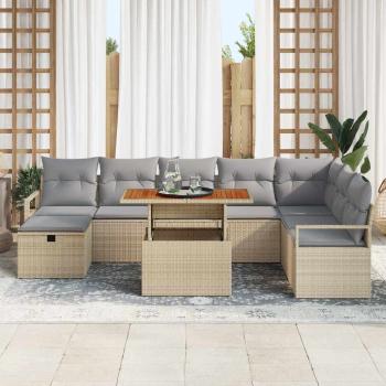 9-teiliges Garten Sofaset mit Kissen Beige Poly Rattan, 2-Sitzer Garten Sofa mit Kissen Beige Poly Rattan