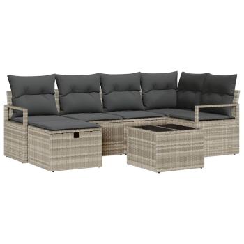 7-teiliges Garten-Sofa-Set mit Kissen Hellgrau Poly-Rattan, 2-Sitzer Garten-Sofa mit Stauraum & Kissen Grau Poly-Rattan