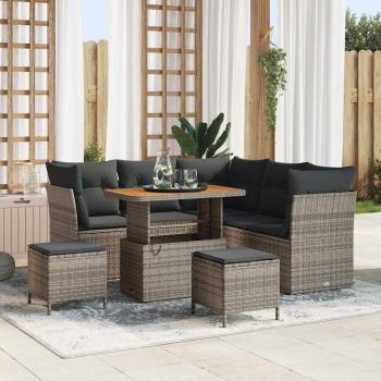 ARDEBO.de - 8-teiliges Garten-Sofa-Set mit Kissen Grau Poly Rattan Akazie, 3-teiliges Garten-Ess-Set mit Kissen Grau Poly Rattan Akazie