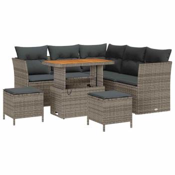 8-teiliges Garten-Sofa-Set mit Kissen Grau Poly Rattan Akazie, 3-teiliges Garten-Ess-Set mit Kissen Grau Poly Rattan Akazie