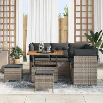 8-teiliges Garten-Sofa-Set mit Kissen Grau Poly Rattan Akazie, 3-teiliges Garten-Ess-Set mit Kissen Grau Poly Rattan Akazie