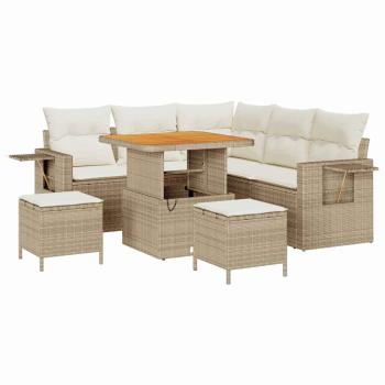 8-teiliges Garten Sofa Set mit Kissen Beige Poly Rattan Akazie, 3-teiliges Garten Essenset mit Kissen Beige Poly Rattan Akazie