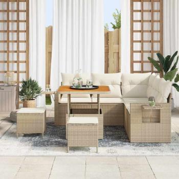 8-teiliges Garten Sofa Set mit Kissen Beige Poly Rattan Akazie, 3-teiliges Garten Essenset mit Kissen Beige Poly Rattan Akazie