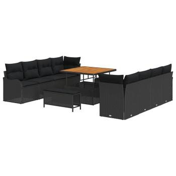 11-teiliges Garten Sofa Set mit Kissen Schwarz Poly Rattan Akazie, 2-Sitzer Garten Sofa mit Kissen Schwarz Poly Rattan, 3-teiliges Garten Essset mit Kissen Schwarz Poly Rattan Akazie