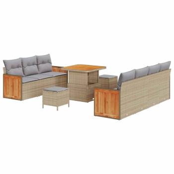 10-teiliges Garten Sofa Set mit Kissen Beige Poly Rattan Akazie, 2-Sitzer Garten Sofa mit Kissen Beige Poly Rattan, 3-teiliges Garten Esszimmer Set mit Kissen Beige Poly Rattan Akazie