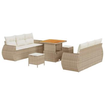 9-teiliges Garten-Sofa-Set mit Kissen Beige Poly Rattan Akazie, 3-teiliges Garten-Dining-Set mit Kissen Beige Poly Rattan Akazie