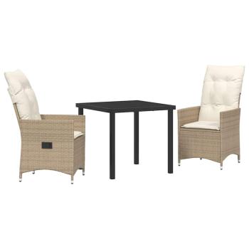 3-teiliges Garten-Esszimmer-Set mit Kissen Beige Poly Rattan