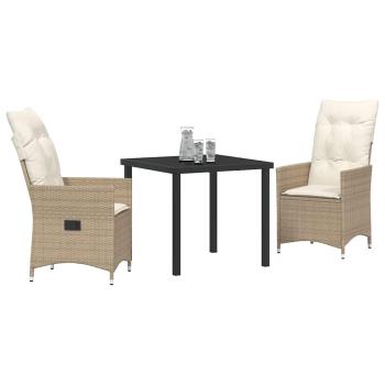 3-teiliges Garten-Esszimmer-Set mit Kissen Beige Poly Rattan