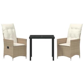 3-teiliges Garten-Esszimmer-Set mit Kissen Beige Poly Rattan