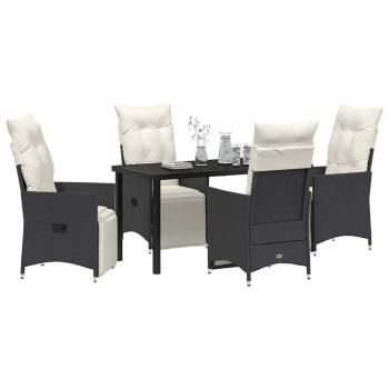 5-teiliges Garten-Dining-Set mit Kissen in Schwarz aus Poly-Rattan