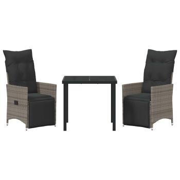 3-teiliges Garten-Esszimmer-Set mit Kissen Grau Polyrattan