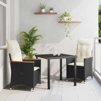 ARDEBO.de - 3-teiliges Garten-Ess-Set mit Kissen Schwarz Poly-Rattan