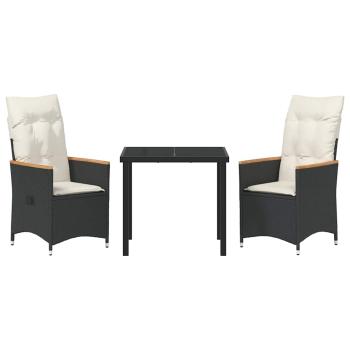 3-teiliges Garten-Ess-Set mit Kissen Schwarz Poly-Rattan