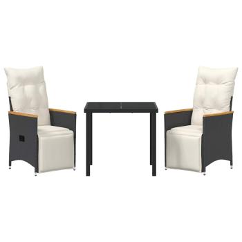 3-teiliges Garten-Essenset mit Kissen Schwarz Poly-Rattan