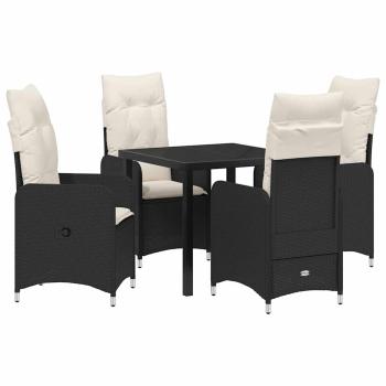 5-teiliges Garten-Esstisch-Set mit Kissen Schwarz Poly-Rattan