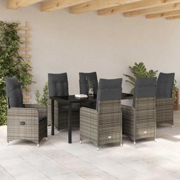 7-teiliges Garten-Dining-Set mit Kissen in grauem Poly-Rattan
