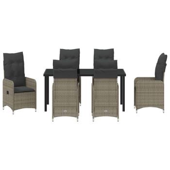 7-teiliges Garten-Dining-Set mit Kissen in grauem Poly-Rattan