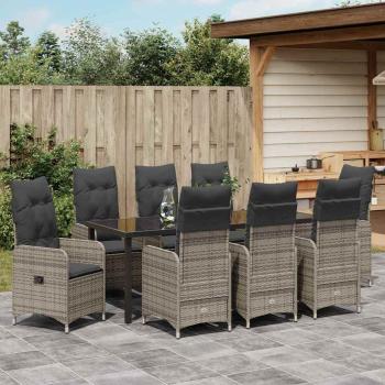 9-teiliges Garten-Esstisch-Set mit Kissen Grau Poly Rattan